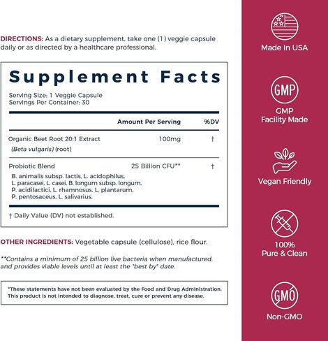 NewRhythm Probiotics for Women & Men 25 Billion CFU, w/Organic Beet Root 2000 mg Strength, 20:1 Extract, Nitric Oxide, Circulation, Energy & Heart Health, All Natural, Vegan, Non-GMO, 30 Caps in Kuwait