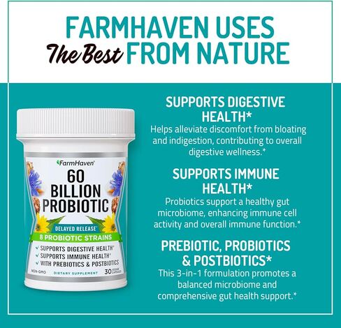 فارمهافن 60 مليار وحدة تشكيل مستعمرة بروبيوتيك - 8 سلالات بروبيوتيك - البريبايوتكس والبوستبيوتيك - يدعم صحة الجهاز الهضمي والمناعة - إطلاق متأخر - ثابت على الرف - غير معدل وراثيًا، خالي من الغلوتين - 30 كبسولة in Kuwait