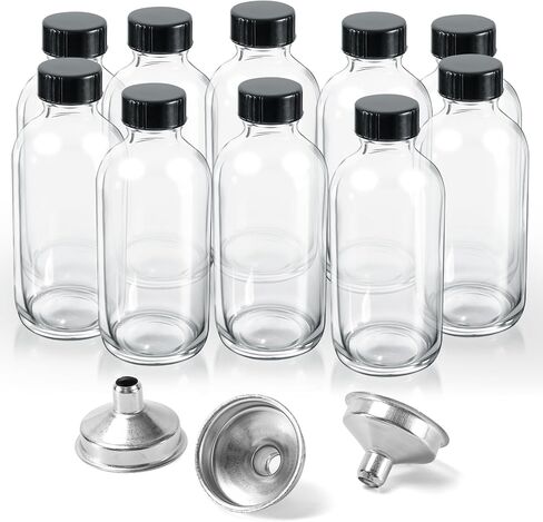 10 Pack Clear Glass Bottles, 4 oz Small Shot Bottle With Lids and Funnels, Leak Proof Mini Travel Bottle, Round Sample Bottles for Juice, Ginger Shot, Oils, Whiskey, Hot Sauce, Liquids in Kuwait