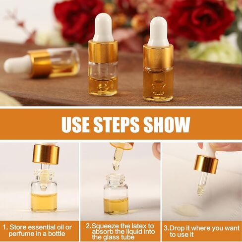 100 عبوة من زجاجات قطارة زجاجية صغيرة سعة 2 مل مع أغطية ذهبية، وقوارير زيت عطري صغيرة، وحاويات عينات سفر فارغة للسوائل والعطور والصبغات ومستحضرات التجميل in Kuwait