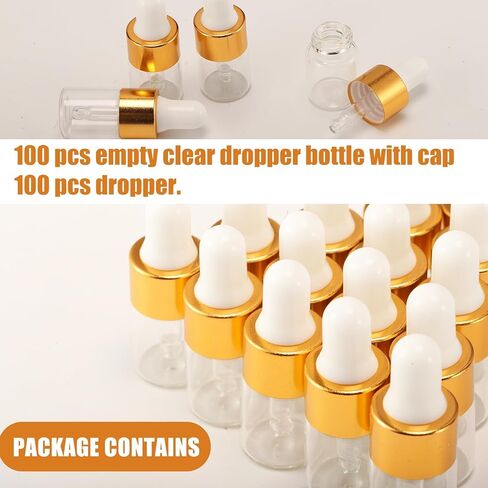 100 عبوة من زجاجات قطارة زجاجية صغيرة سعة 2 مل مع أغطية ذهبية، وقوارير زيت عطري صغيرة، وحاويات عينات سفر فارغة للسوائل والعطور والصبغات ومستحضرات التجميل in Kuwait