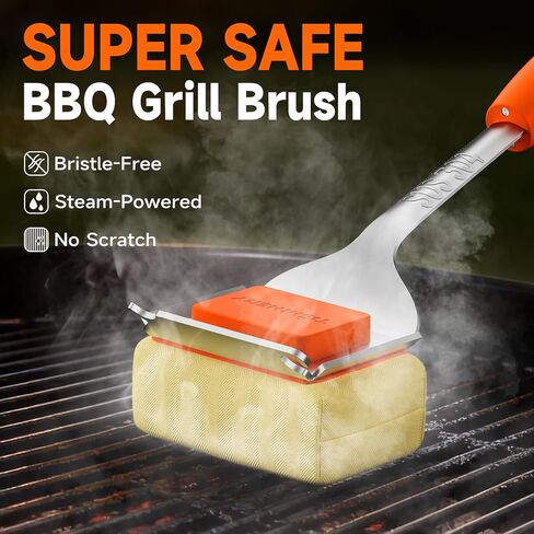 Grill Brush Bristle Free for Outdoor Grill, Steam Grill Cleaning Brush Replaceable Head, Extended Handle, Safe BBQ Cleaner Brush with Scraper for Cast Iron Stainless Steel Porcelain Grates in Kuwait