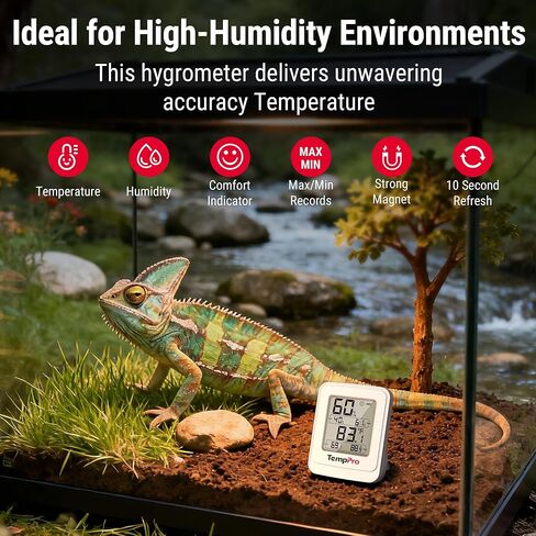 مقياس حرارة الدفيئة TempPro TP150، جهاز قياس درجة الحرارة والرطوبة IPX5 عالي المقاومة للرطوبة، مقياس رطوبة عالي/منخفض لخيم النمو الداخلية، الزواحف (ثيرموبرو سابقًا) in Kuwait
