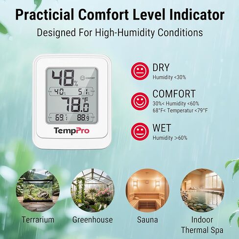 مقياس حرارة الدفيئة TempPro TP150، جهاز قياس درجة الحرارة والرطوبة IPX5 عالي المقاومة للرطوبة، مقياس رطوبة عالي/منخفض لخيم النمو الداخلية، الزواحف (ثيرموبرو سابقًا) in Kuwait