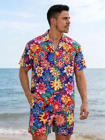 Men's Beach Hawaiian Set - 2 Piece Floral Short Sleeve Button Down Hawaiian Shirt and Short Set, Beach Sets for Men in Saudi Arabia