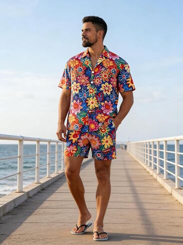 Men's Beach Hawaiian Set - 2 Piece Floral Short Sleeve Button Down Hawaiian Shirt and Short Set, Beach Sets for Men in Saudi Arabia