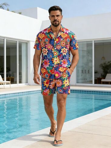 Men's Beach Hawaiian Set - 2 Piece Floral Short Sleeve Button Down Hawaiian Shirt and Short Set, Beach Sets for Men in Saudi Arabia