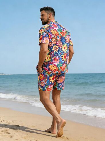 Men's Beach Hawaiian Set - 2 Piece Floral Short Sleeve Button Down Hawaiian Shirt and Short Set, Beach Sets for Men in Saudi Arabia
