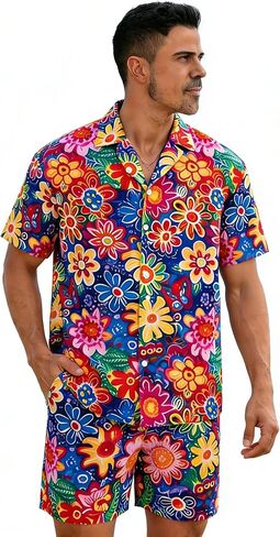 Men's Beach Hawaiian Set - 2 Piece Floral Short Sleeve Button Down Hawaiian Shirt and Short Set, Beach Sets for Men in Saudi Arabia