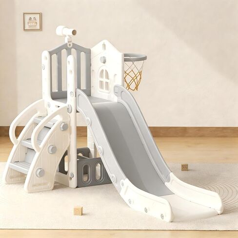 Yufu 5 in 1 Slide Toddler Slide ، شريحة متسلق الأطفال مع طوق كرة السلة والكرة ، وملعب داخلي في الهواء الطلق للأطفال الصغار الذين تتراوح أعمارهم بين 1-3 (Beige+Coffee) in Kuwait