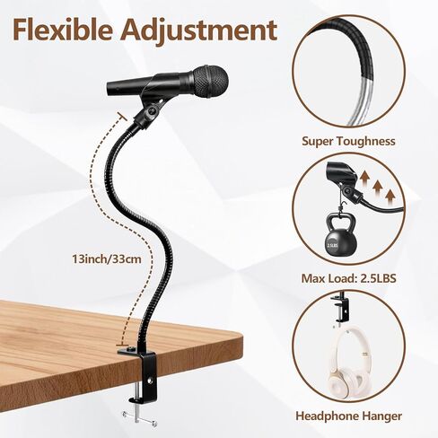 حامل ميكروفون BILIONE 2 في 1 مع مشبك هاتف، حامل ذراع ميكروفون مرن 13 بوصة للمنصة، والمحاضرات، والبودكاست، والاستوديو، وحامل ميكروفون متوافق مع Shure SM58، Beta 58A، Samson Q2U in Kuwait