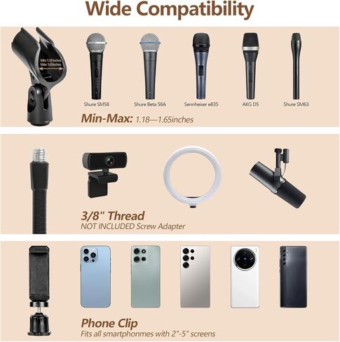 حامل ميكروفون BILIONE 2 في 1 مع مشبك هاتف، حامل ذراع ميكروفون مرن 13 بوصة للمنصة، والمحاضرات، والبودكاست، والاستوديو، وحامل ميكروفون متوافق مع Shure SM58، Beta 58A، Samson Q2U in Kuwait