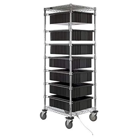 Quantum BC212469M1CO Chrome Mobile Bin Cart with (2) Wire Shelves and (7) Black Divider Bins (DG93060) for Healthcare Food Service and Industrial Applications | 21"W x 24"L x 69"H, Carbon Steel, NSF in Kuwait