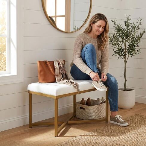 Metal Framed Bench with Button Tufted Velvet Upholstered Seat, White and Gold Accent Entryway Seating, Modern Upholstered Bench for Bedroom or Hallway, Sturdy Steel Frame with Soft in Saudi Arabia