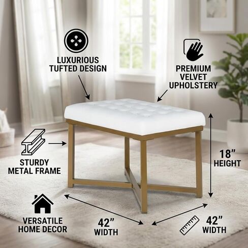 Metal Framed Bench with Button Tufted Velvet Upholstered Seat, White and Gold Accent Entryway Seating, Modern Upholstered Bench for Bedroom or Hallway, Sturdy Steel Frame with Soft in Saudi Arabia