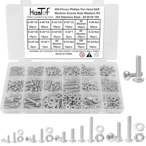 405Pcs SAE Machine Screws Bolts Nuts and Flat Washers Assortment Kit, #4-40#6-32#8-32#10-24, 304 Stainless Steel Phillips Pan Head Bolts Hex Nuts Flat Washers Set Kit with Storage Case in Saudi Arabia