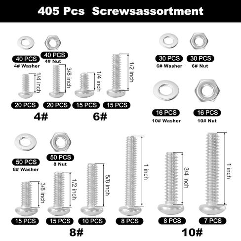 405Pcs SAE Machine Screws Bolts Nuts and Flat Washers Assortment Kit, #4-40#6-32#8-32#10-24, 304 Stainless Steel Phillips Pan Head Bolts Hex Nuts Flat Washers Set Kit with Storage Case in Saudi Arabia