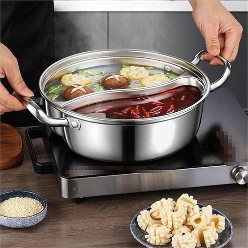 Chinese Charcoal Hotpot Hot Pot with Divider Stainless Steel Shabu Shabu Pot for Induction Cooktop Gas Stove Copper Hot Pot, Silver-32cm in Saudi Arabia