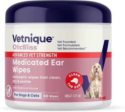 مناديل الأذن المعالجة Vetnique oticbliss - مناديل أذن القط والكلاب مع هيدروكورتيزون وحمض الساليسيليك للتنظيف والتحكم في الرائحة - 50CT in Kuwait