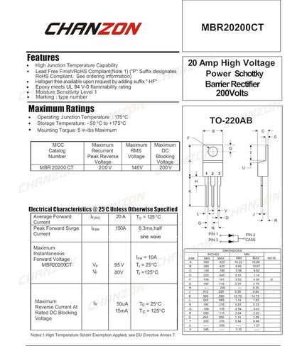 (Pack of 10 Pieces) Chanzon MBR20200CT Schottky Barrier Rectifier Diodes 20A 200V TO-220AB (TO-220) 20 Amp 200 Volt in Saudi Arabia