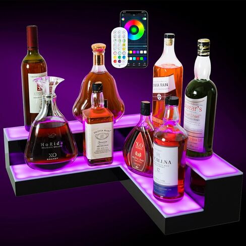 Corner Led Lighted Liquor Bottle Display Shelf, 20 Inch 2 Tier Whiskey Rack, Support USB, Bar Stand with RF Remote & App Control, Illuminated Acrylic Lighting Shelves for Home Bar, Party in Saudi Arabia