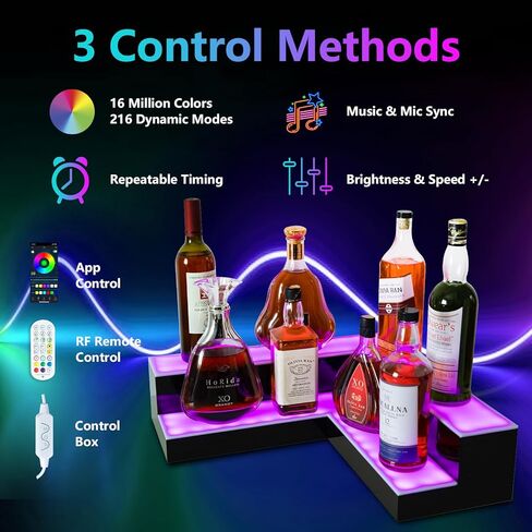 Corner Led Lighted Liquor Bottle Display Shelf, 20 Inch 2 Tier Whiskey Rack, Support USB, Bar Stand with RF Remote & App Control, Illuminated Acrylic Lighting Shelves for Home Bar, Party in Saudi Arabia