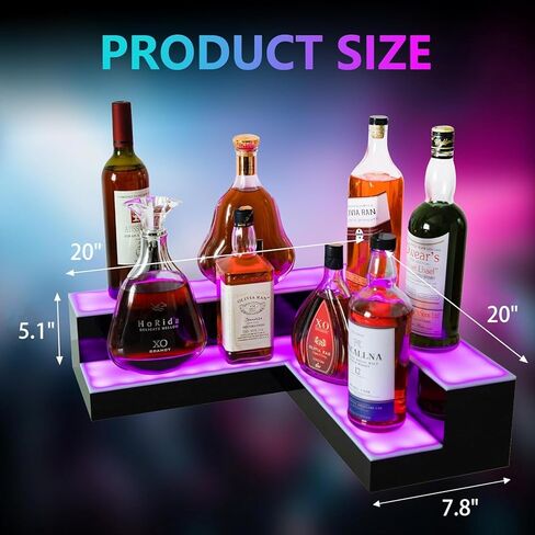 Corner Led Lighted Liquor Bottle Display Shelf, 20 Inch 2 Tier Whiskey Rack, Support USB, Bar Stand with RF Remote & App Control, Illuminated Acrylic Lighting Shelves for Home Bar, Party in Saudi Arabia