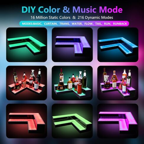 Corner Led Lighted Liquor Bottle Display Shelf, 20 Inch 2 Tier Whiskey Rack, Support USB, Bar Stand with RF Remote & App Control, Illuminated Acrylic Lighting Shelves for Home Bar, Party in Saudi Arabia