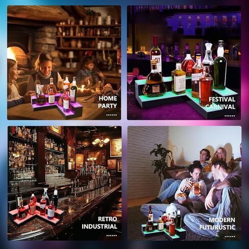 Corner Led Lighted Liquor Bottle Display Shelf, 20 Inch 2 Tier Whiskey Rack, Support USB, Bar Stand with RF Remote & App Control, Illuminated Acrylic Lighting Shelves for Home Bar, Party in Saudi Arabia