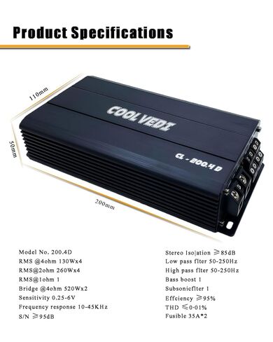 200.4D Black Car Audio Amplifier, 2 ohms 260x4, 4 ohms 130x4, RCA Interface, 4-Channel car Audio, D-Class, Suitable for Cars, Trucks, and Ships. in Saudi Arabia