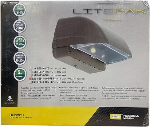 Hubbell Litepak LNC3 LED wallpack 87 watt, 7400 Lumen, 4000K, 7 pin Receptacle, Corrosion Resistant Dark-Bronze Powder Coat Finish, 120-277V, LNC3-2L4K-105-7PR in Kuwait