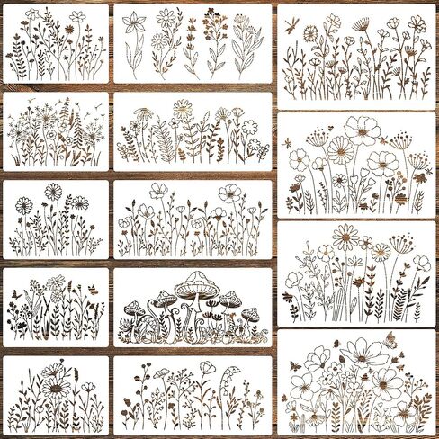 50 Pcs Botanical Flower Stencils for Crafts,Reusable Small Wildflower Stencils for Painting-Cute Flower Leaf Art Drawing Template for Paper Wood Furniture Wall (Flowers 2) in Kuwait