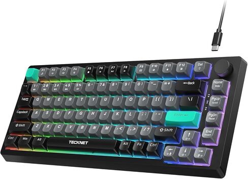 TECKNET Gaming Keyboard, 75% Wired Keyboard, RGB Backlit, 82-Keys with Volume Knob Control, 26 Keys Anti-ghosting, Whisper Quiet Gaming Switch Travel Friendly for Windows Laptop PC Mac-Grey in Kuwait
