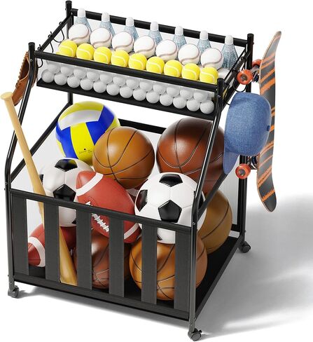 منظم معدات رياضية للجراج بعجلات - تخزين كرات المرآب بحبل مرن و6 خطافات - تخزين صالة الألعاب الرياضية المنزلية لكرة السلة وكرة القدم - رف تخزين خارجي لملعب المدرسة (أسود) in Kuwait