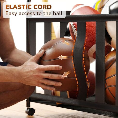 منظم معدات رياضية للجراج بعجلات - تخزين كرات المرآب بحبل مرن و6 خطافات - تخزين صالة الألعاب الرياضية المنزلية لكرة السلة وكرة القدم - رف تخزين خارجي لملعب المدرسة (أسود) in Kuwait