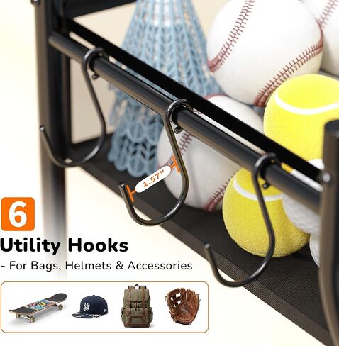 منظم معدات رياضية للجراج بعجلات - تخزين كرات المرآب بحبل مرن و6 خطافات - تخزين صالة الألعاب الرياضية المنزلية لكرة السلة وكرة القدم - رف تخزين خارجي لملعب المدرسة (أسود) in Kuwait