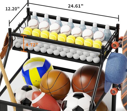 منظم معدات رياضية للجراج بعجلات - تخزين كرات المرآب بحبل مرن و6 خطافات - تخزين صالة الألعاب الرياضية المنزلية لكرة السلة وكرة القدم - رف تخزين خارجي لملعب المدرسة (أسود) in Kuwait