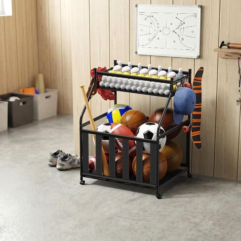 منظم معدات رياضية للجراج بعجلات - تخزين كرات المرآب بحبل مرن و6 خطافات - تخزين صالة الألعاب الرياضية المنزلية لكرة السلة وكرة القدم - رف تخزين خارجي لملعب المدرسة (أسود) in Kuwait