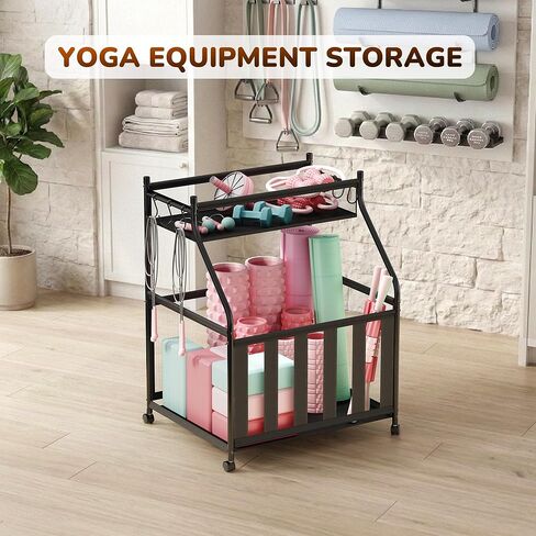 منظم معدات رياضية للجراج بعجلات - تخزين كرات المرآب بحبل مرن و6 خطافات - تخزين صالة الألعاب الرياضية المنزلية لكرة السلة وكرة القدم - رف تخزين خارجي لملعب المدرسة (أسود) in Kuwait