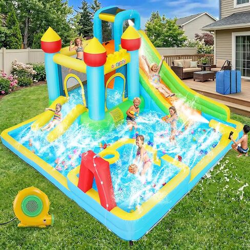 AKEYDIY Water Slide Bounce House for Kids, Large Inflatable Water Park for Kids Backyard,13X12.5ft Giant Blow Up Water Slides w/Deep Pool, Inflatable Water Park for Backyard Family Party in Saudi Arabia
