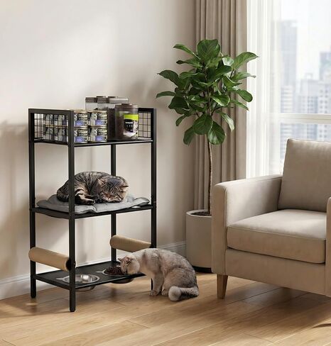 4in1 Cat Furniture Stand with Cat Scratfer Post ، أوعية طعام القط ، منصة سرير القطط ، منظم تخزين الطعام ، كلها في أثاث واحد للحيوانات الأليفة للمساحة الصغيرة (المعدن ، الأسود) in Saudi Arabia