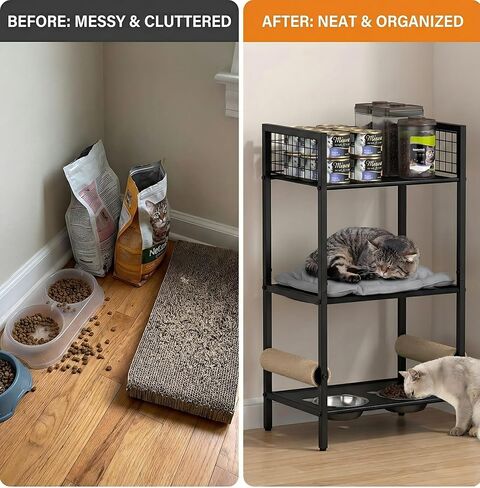 4in1 Cat Furniture Stand with Cat Scratfer Post ، أوعية طعام القط ، منصة سرير القطط ، منظم تخزين الطعام ، كلها في أثاث واحد للحيوانات الأليفة للمساحة الصغيرة (المعدن ، الأسود) in Saudi Arabia