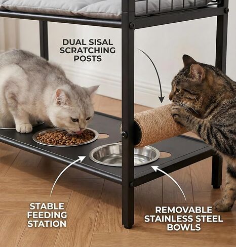 4in1 Cat Furniture Stand with Cat Scratfer Post ، أوعية طعام القط ، منصة سرير القطط ، منظم تخزين الطعام ، كلها في أثاث واحد للحيوانات الأليفة للمساحة الصغيرة (المعدن ، الأسود) in Saudi Arabia