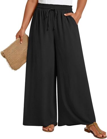 LONGYUAN Womens Plus Size Wide Leg Pants Casual Trousers with Pockets 1X-5X in Kuwait
