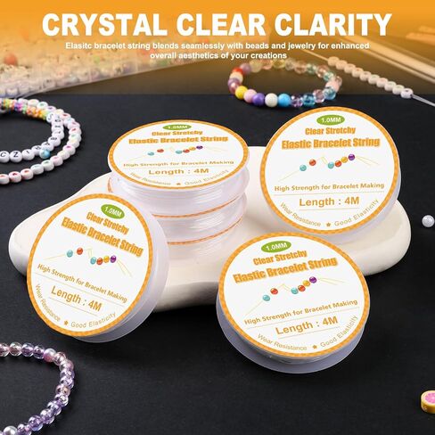 Bupete 6 Rolls Clear Bracelet String, Elastic String for Bracelets, 0.4mm, 0.5mm, 0.6mm, 0.7mm, 0.8mm, 1mm Stretchy Bracelet String with Scissors, Beading Needles for Bracelets, Jewelry Making in Kuwait