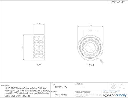 FAG 2201-2RS-TV Self-Aligning Bearing, Double Row, Double Sealed, Polyamide/Nylon Cage, Normal Clearance, Metric, 12mm ID, 32mm OD, 14mm Width, 17000rpm Maximum Rotaional Speed, 285lbf Static Load Capacity, 1250lbf Dynamic Load Capacity in Kuwait
