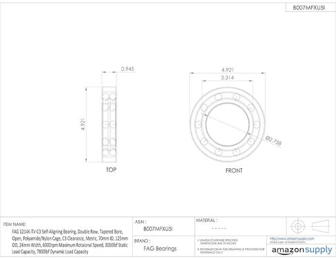 FAG Bearings 1214K-TV-C3 Double Row Self-Aligning Bearing, Open, Tapered Bore, Polyamide/Nylon Cage, C3 Clearance, Metric, 70mm ID, 125mm OD, 24mm Width, 6000rpm in Kuwait