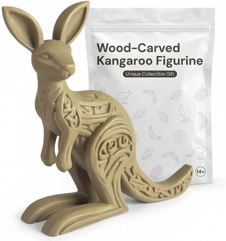 Wood-Carved Kangaroo Figurine – Stylized Australian Marsupial Sculpture with Tribal Accents – 3D Printed in Canada in Saudi Arabia