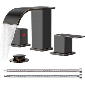 FORIOUS Square Matte Black Bathroom Faucets 3 Hole, Waterfall 8 Inch Widespread Bathroom Sink Faucet with Metal Pop-up Drain and Supply Lines, Two Handles for Vanity, RV, Farmhouse in Kuwait