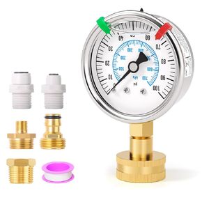 مجموعة قياس ضغط المياه من الفولاذ المقاوم للصدأ 0-100 رطل لكل بوصة مربعة، مقاس 2.5 بوصة، حامل سفلي أنثى نحاسية 3/4 بوصة، مع حلقة إغلاق، بالإضافة إلى 5 محولات، لفحص الحدائق وأنابيب المياه وأنظمة متعددة in Kuwait